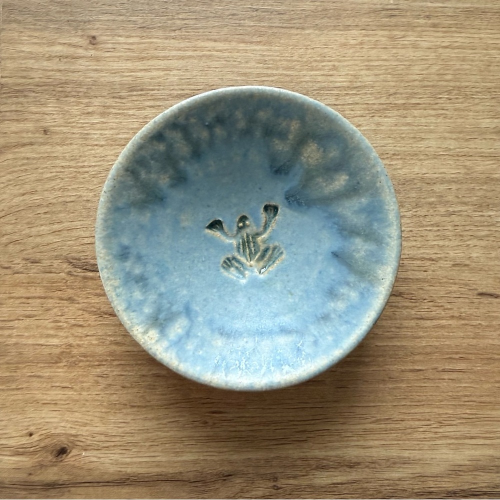Handmade Ceramic Pottery Trinket Dish Frog Imprint Blue Cute Mini Bowl Tray